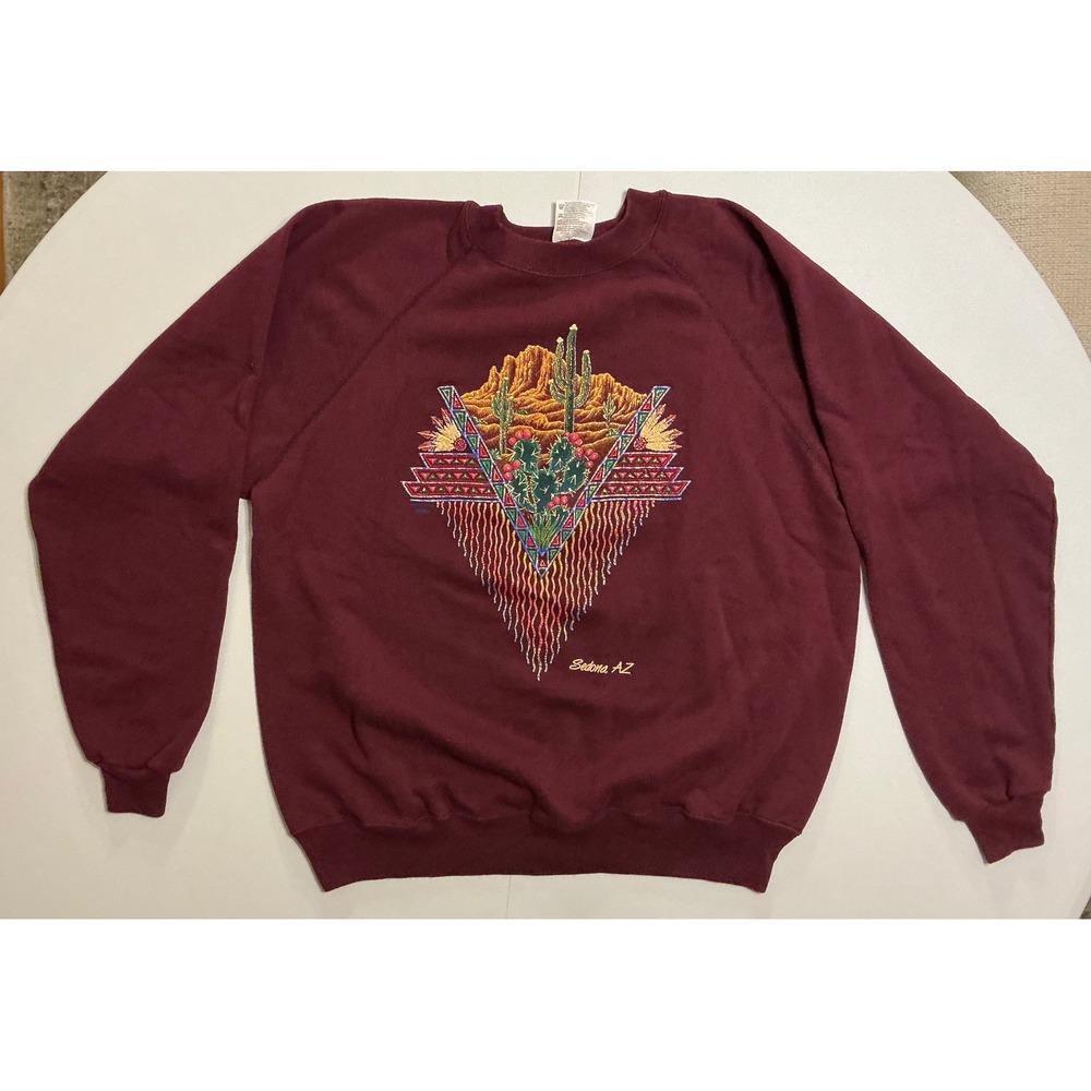 Vintage USA Made Cactus Arizona Southwest Shiny Glitter Sweatshirt Maroon‎ XL